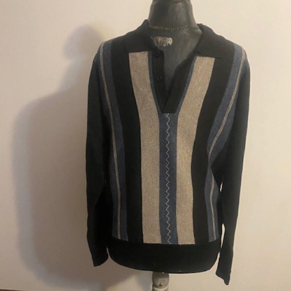 Chereskin Black/Blue/Gray stripe 1/4 button sweater, size XL